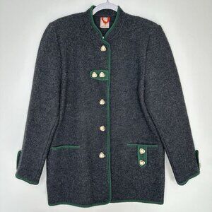 Elegance Seiler Cardigan Boiled Wool Button Front Sz 38 Gray Green trim Pockets